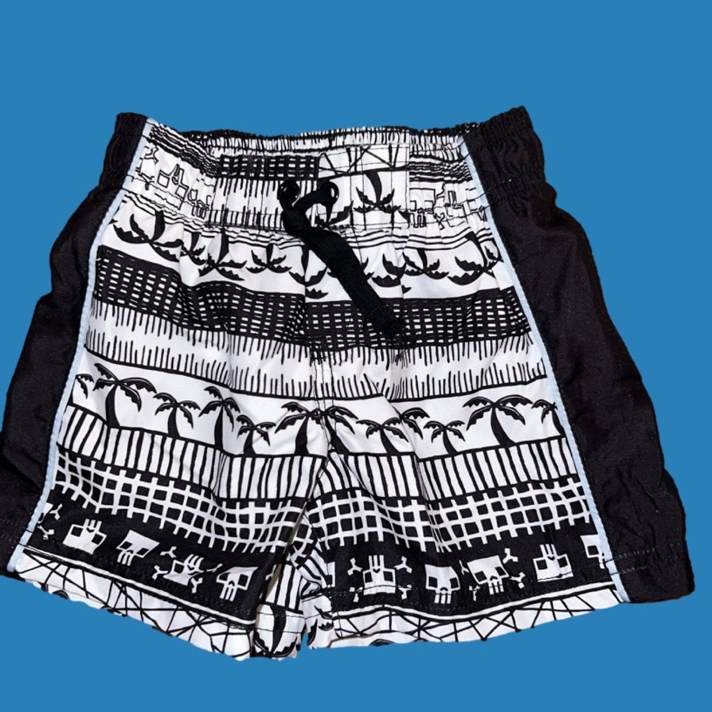 BABY boy’s black and white swim trunks with a palm tree 🌴 design
